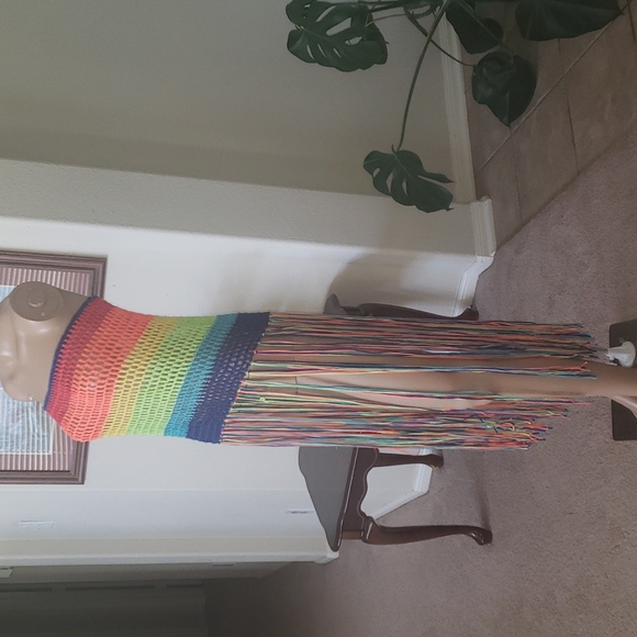 Neon rainbow crochet tube top long tassels top/ tunic swim cover up pride - Picture 5 of 9